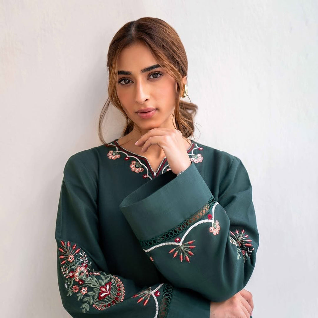 Hania Embroidery Long Length shirt with trouser 2 pieces stitched dress for girls