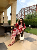 Premium Grey Linen 2-Piece Set Embossed Print Long Length Elegance