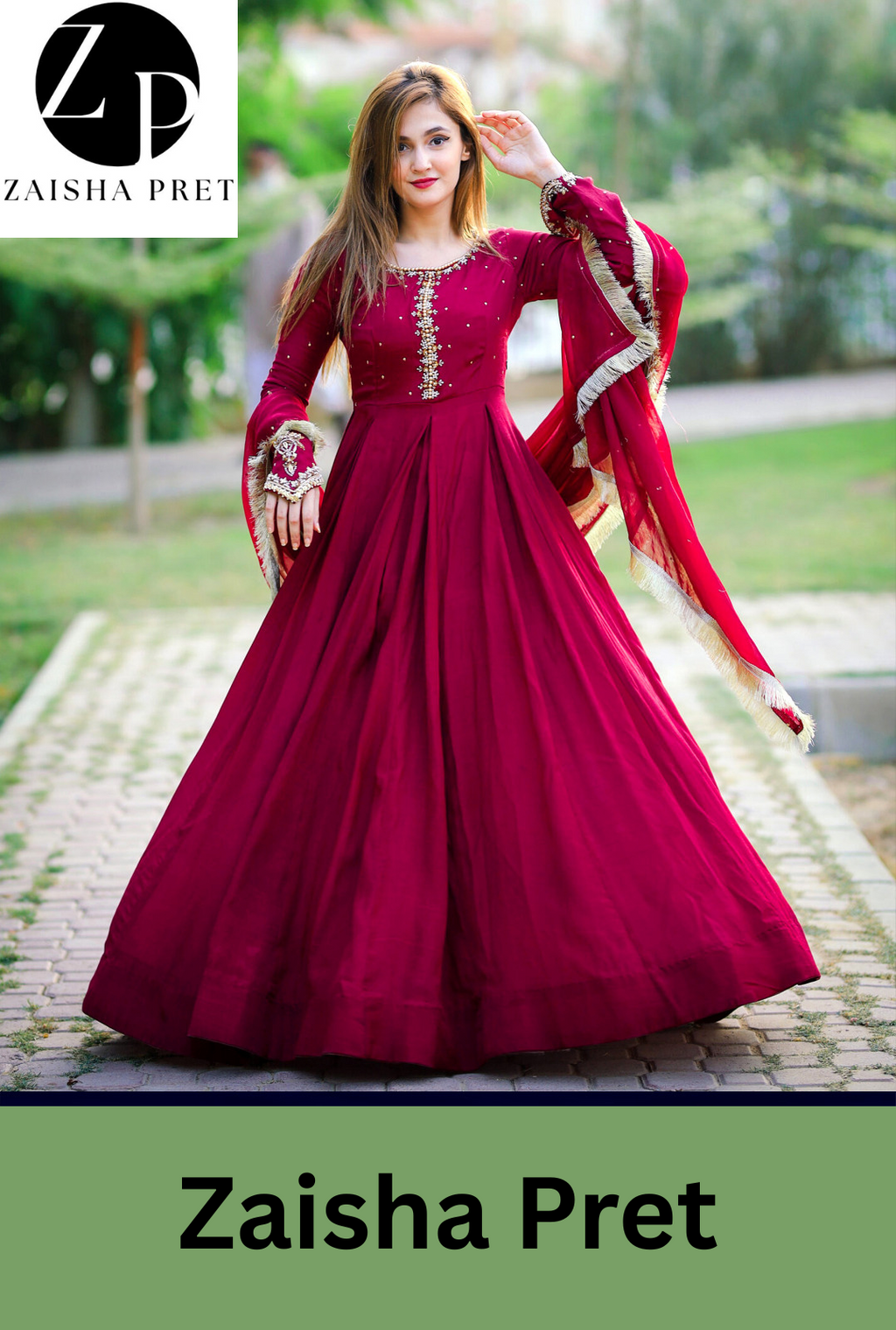 Neck, Sleeves Kaya Work Embroidered Long Maxi With Lace Work Dupatta Trouser 3Pcs