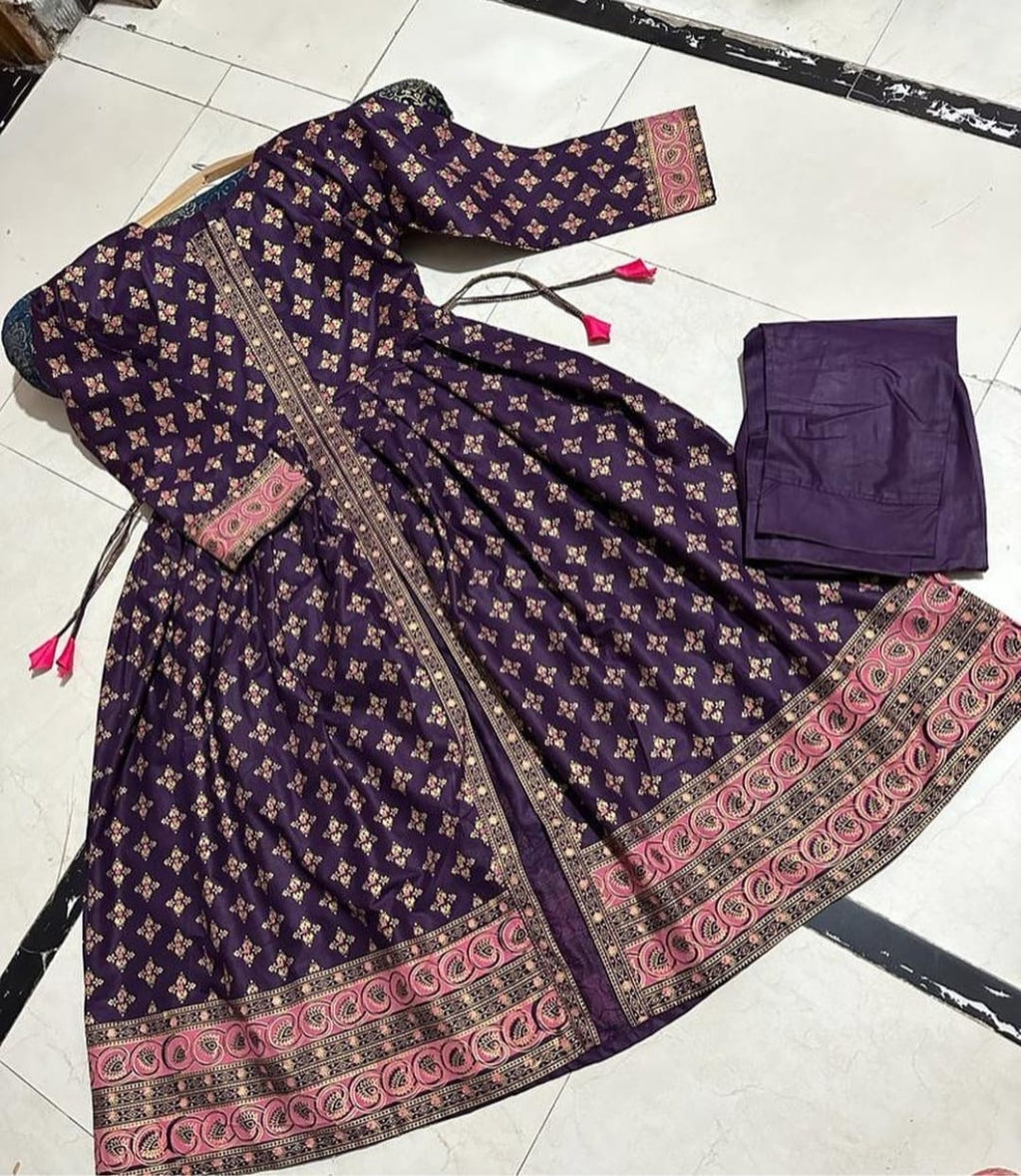 Front Open super printed silk stitched maxi 2 pieces dress for girls