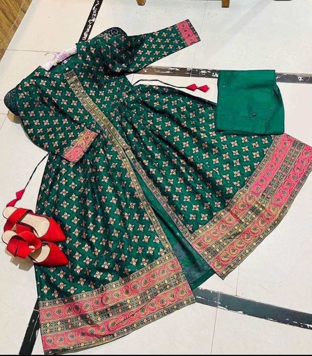 Front Open super printed silk stitched maxi 2 pieces dress for girls